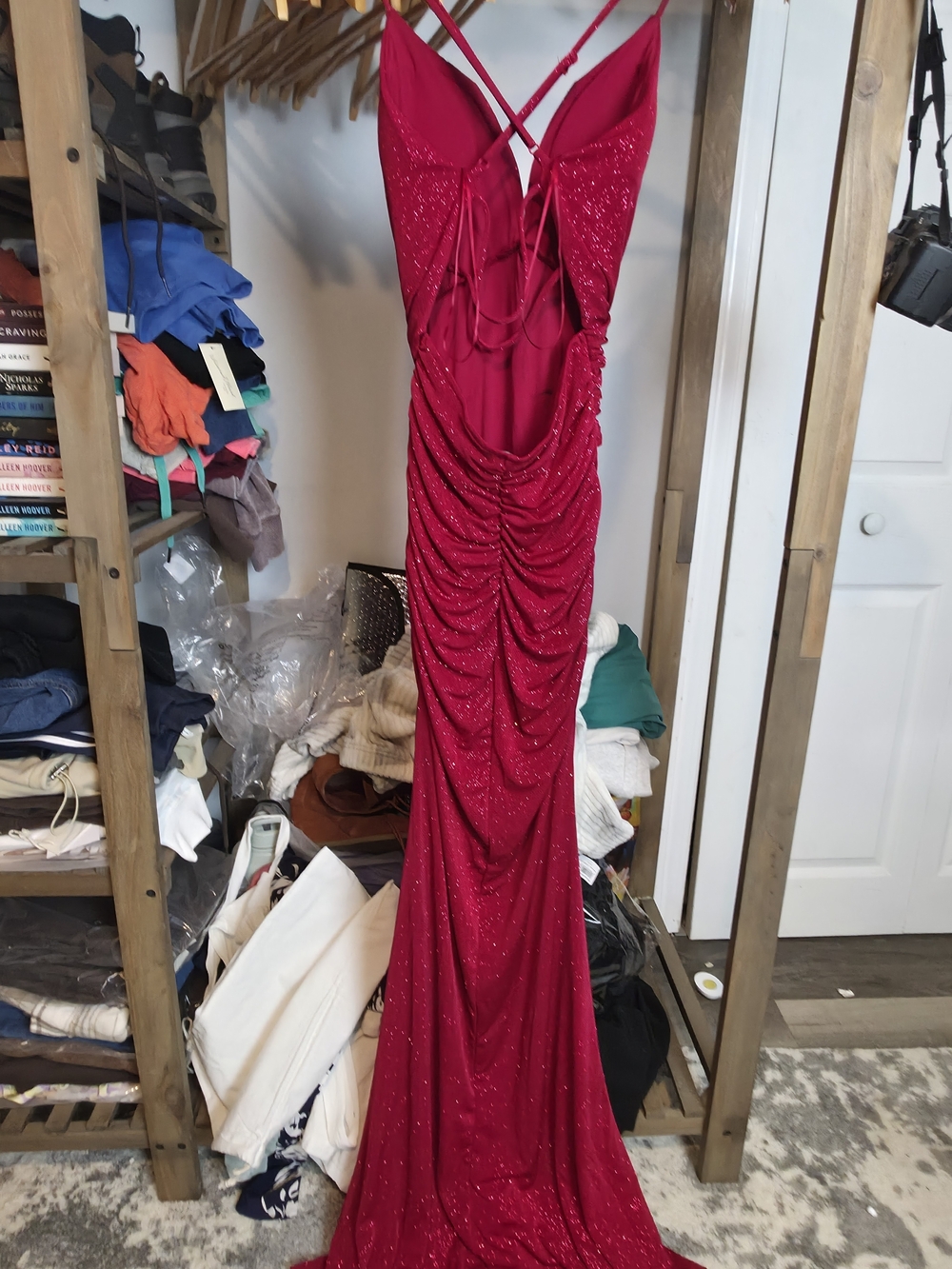 Red Sparkle Ruched Gown - Picture 3 of 3
